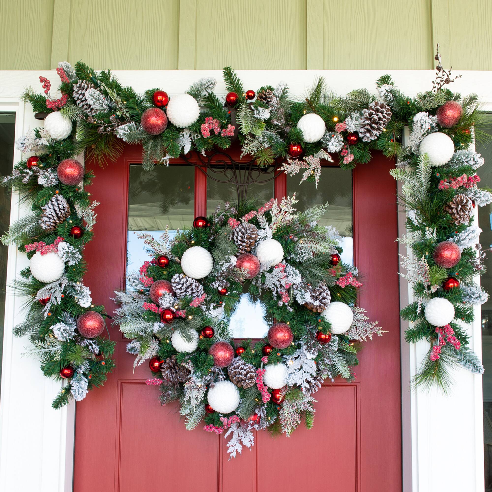 Village Lighting 30" Pre-Lit Frosted Wonderland Christmas Wreath, Red & Clear LED Lights